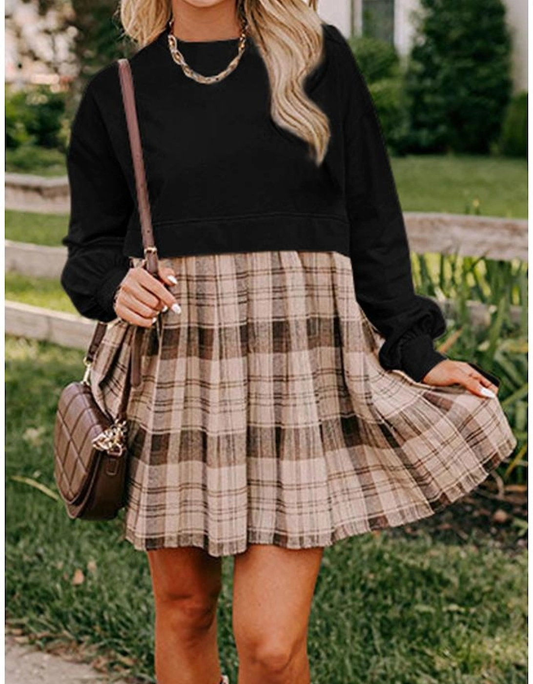 Black Plaid Patchwork High Waist Sweatshirt Mini Dress