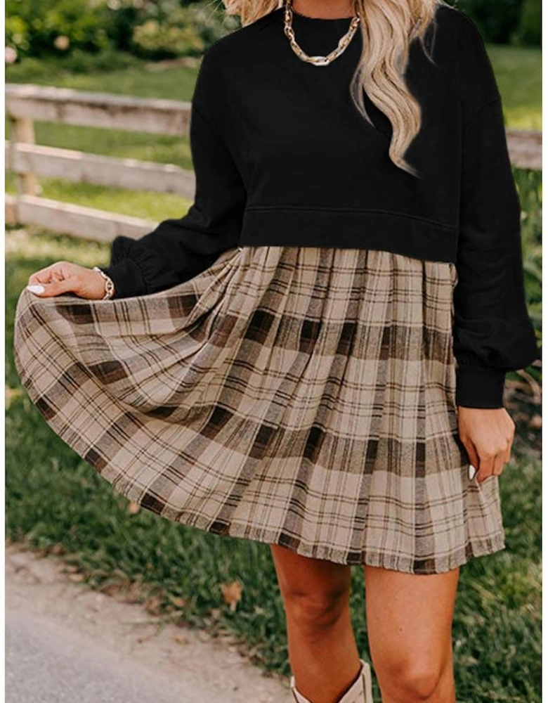 Black Plaid Patchwork High Waist Sweatshirt Mini Dress