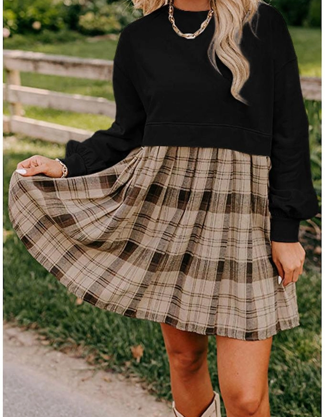 Black Plaid Patchwork High Waist Sweatshirt Mini Dress, 11 of 10