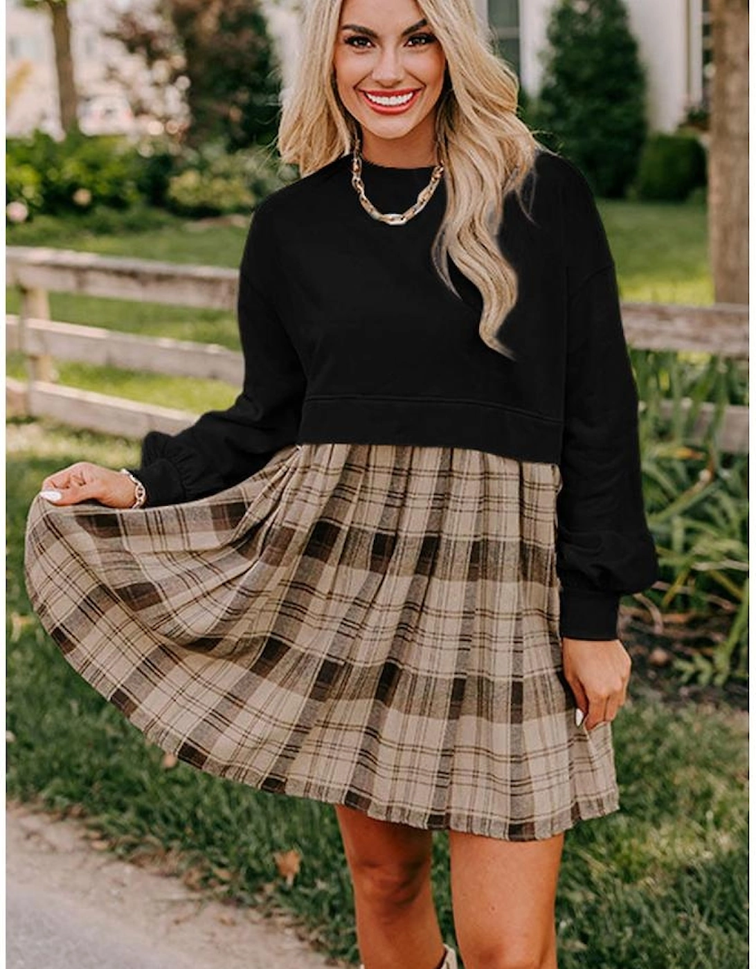 Black Plaid Patchwork High Waist Sweatshirt Mini Dress