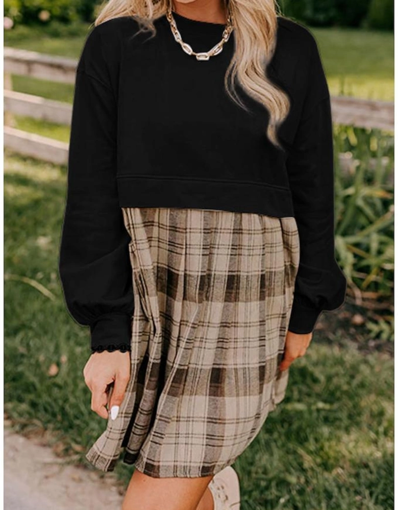 Black Plaid Patchwork High Waist Sweatshirt Mini Dress