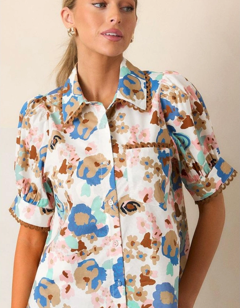 Multicolour Floral Print Ricrac Trim Collared Puff Short Sleeve Shirt