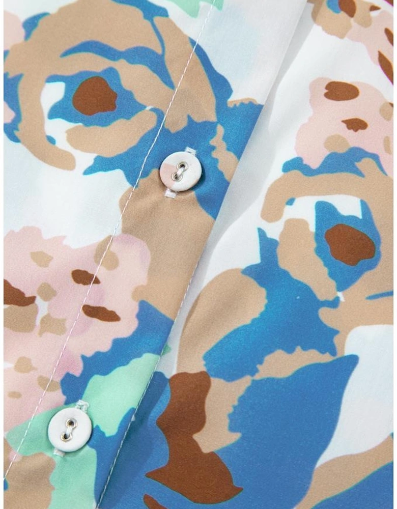 Multicolour Floral Print Ricrac Trim Collared Puff Short Sleeve Shirt