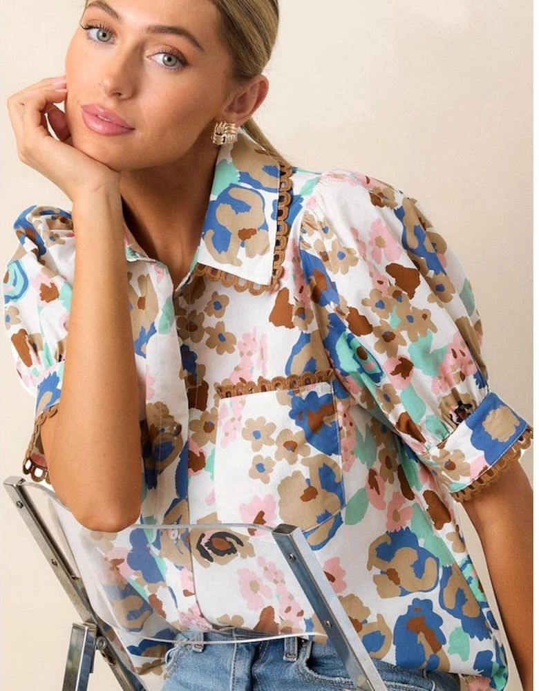 Multicolour Floral Print Ricrac Trim Collared Puff Short Sleeve Shirt