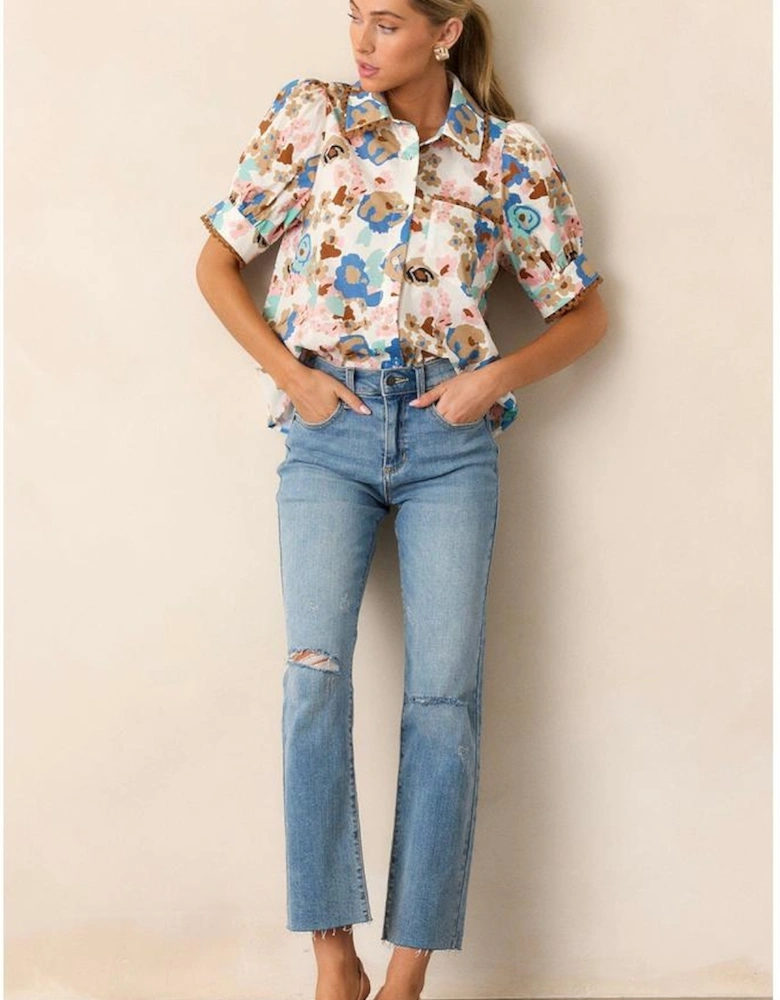 Multicolour Floral Print Ricrac Trim Collared Puff Short Sleeve Shirt