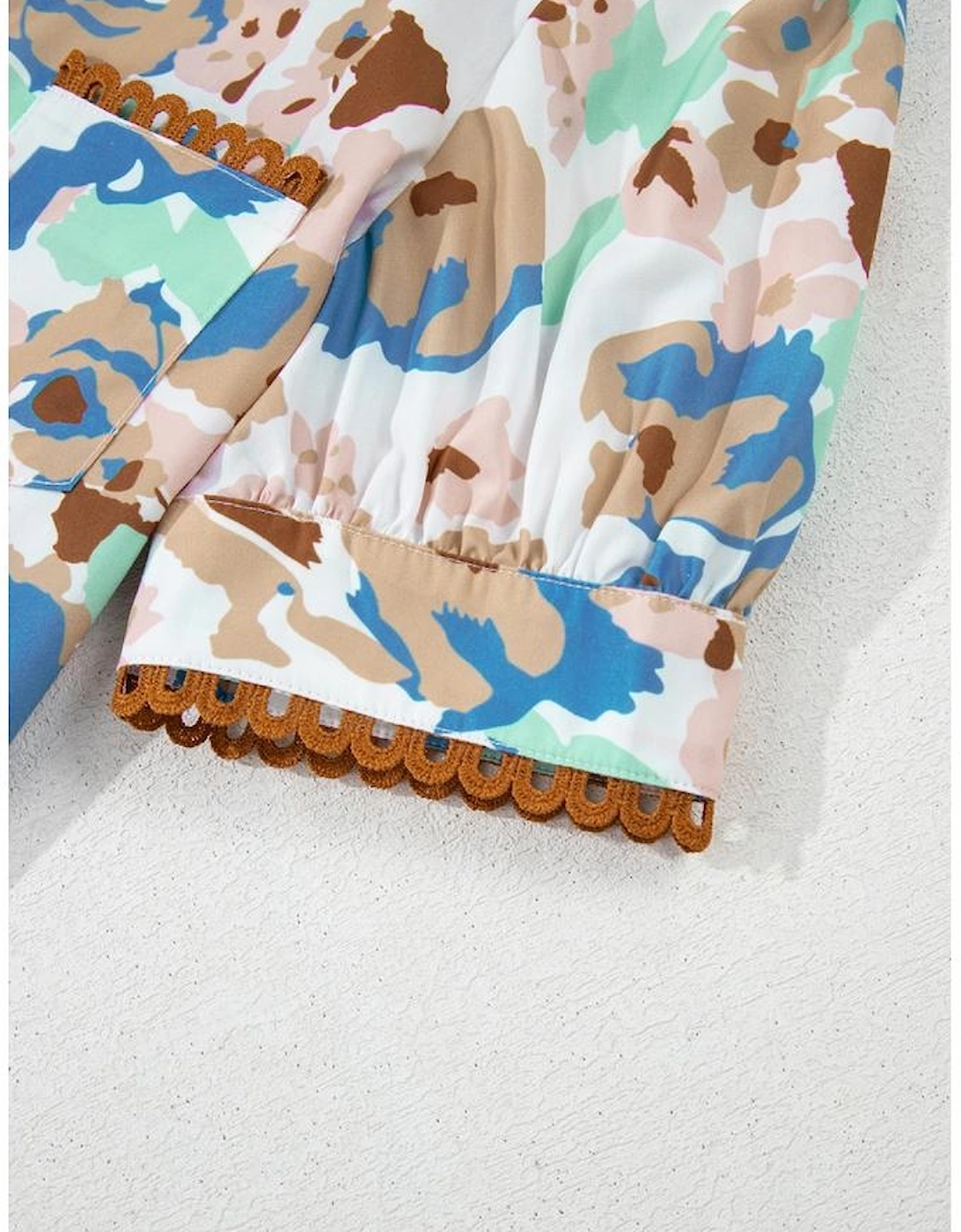 Multicolour Floral Print Ricrac Trim Collared Puff Short Sleeve Shirt