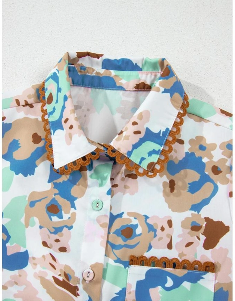 Multicolour Floral Print Ricrac Trim Collared Puff Short Sleeve Shirt