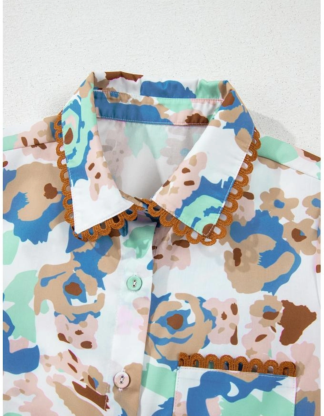 Multicolour Floral Print Ricrac Trim Collared Puff Short Sleeve Shirt