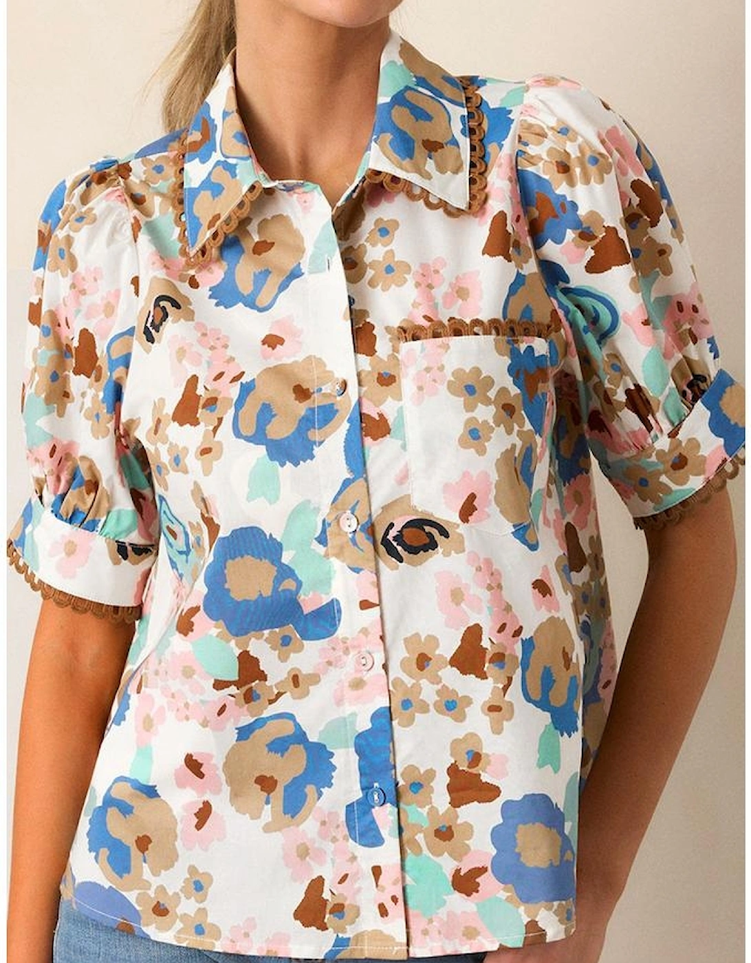 Multicolour Floral Print Ricrac Trim Collared Puff Short Sleeve Shirt
