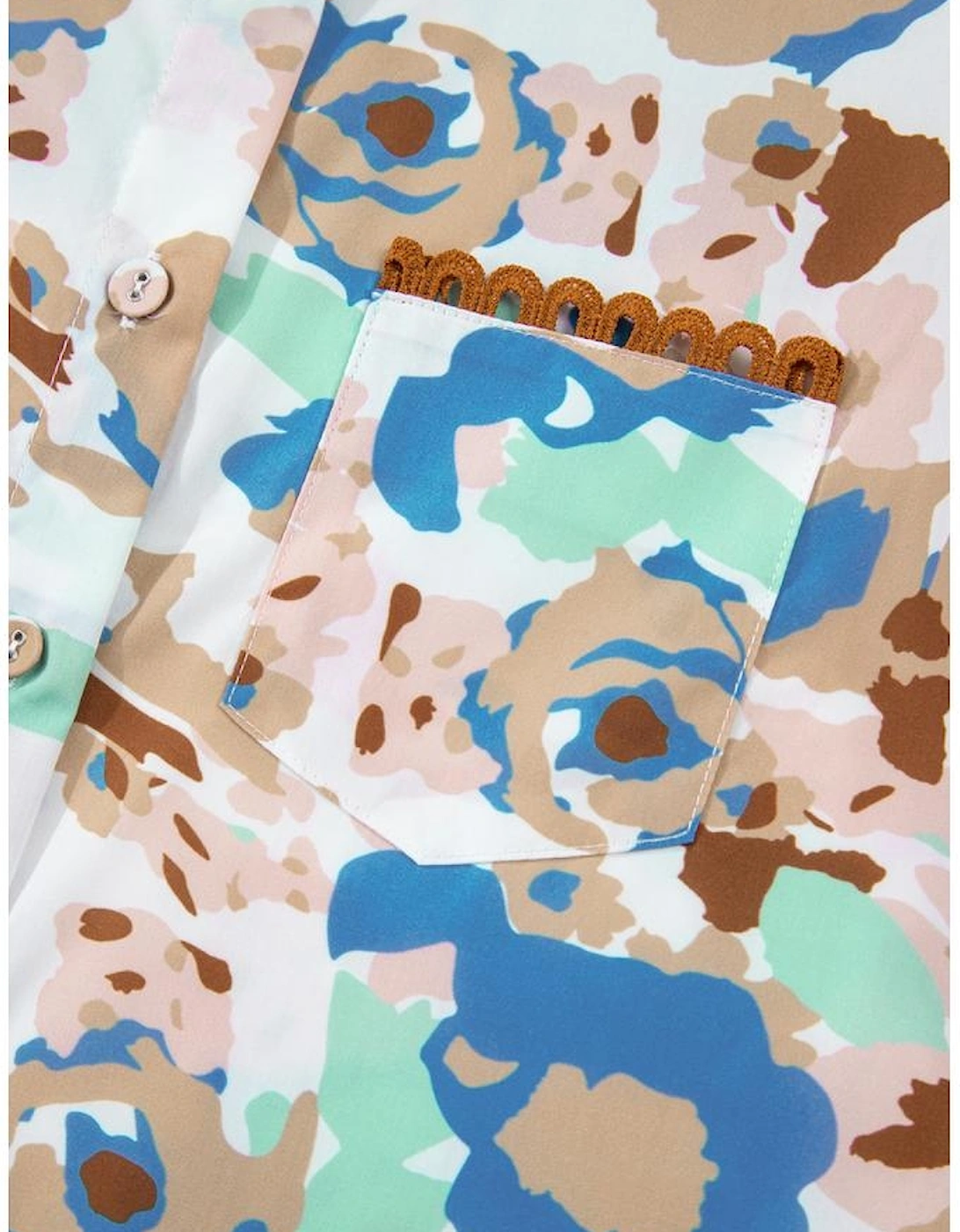 Multicolour Floral Print Ricrac Trim Collared Puff Short Sleeve Shirt