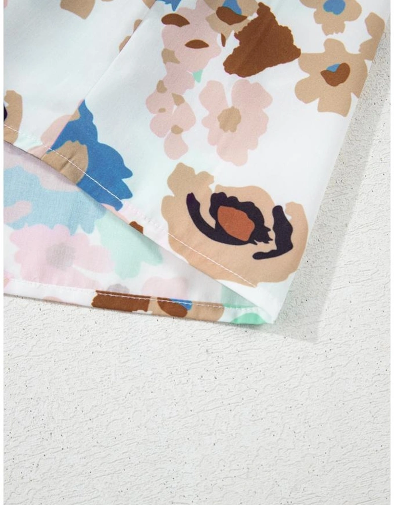 Multicolour Floral Print Ricrac Trim Collared Puff Short Sleeve Shirt