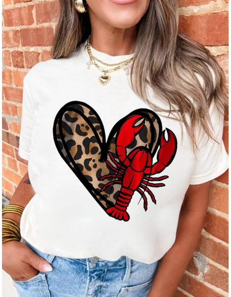 White Crawfish Leopard Heart Print Crewneck Tee