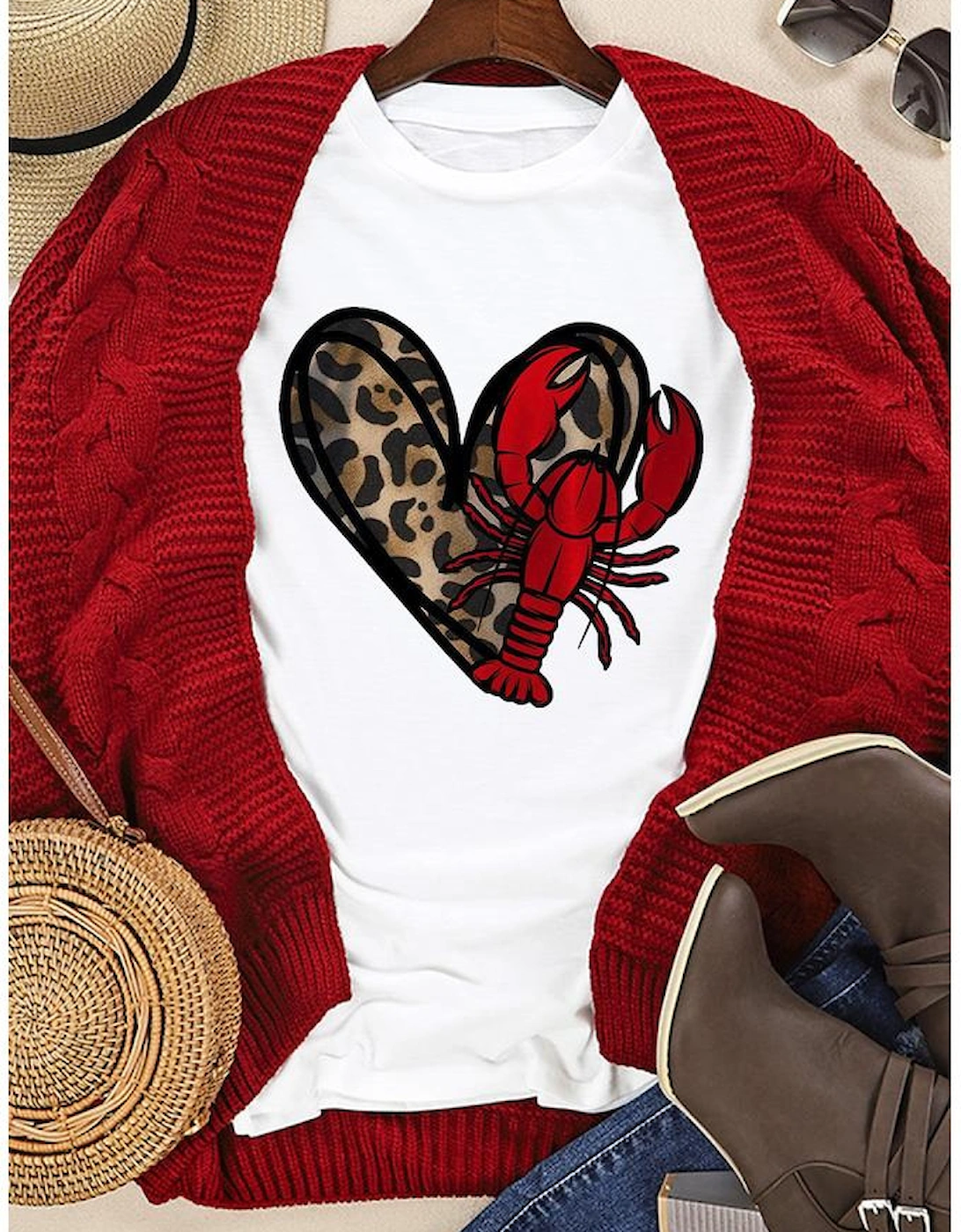 White Crawfish Leopard Heart Print Crewneck Tee, 6 of 5