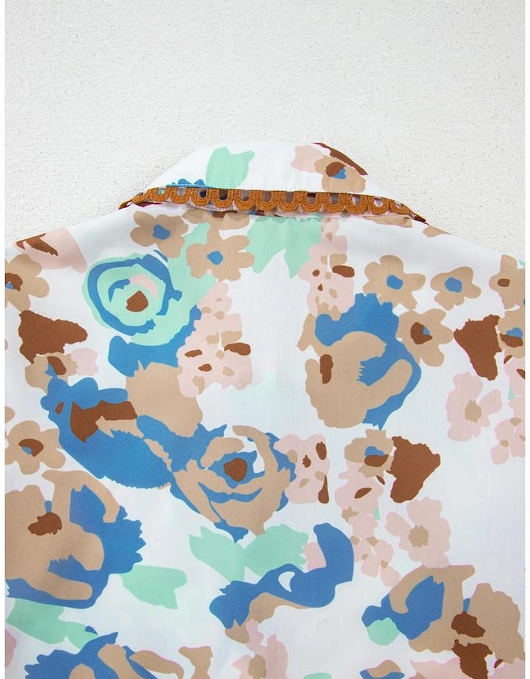 Multicolour Floral Print Ricrac Trim Collared Puff Short Sleeve Shirt