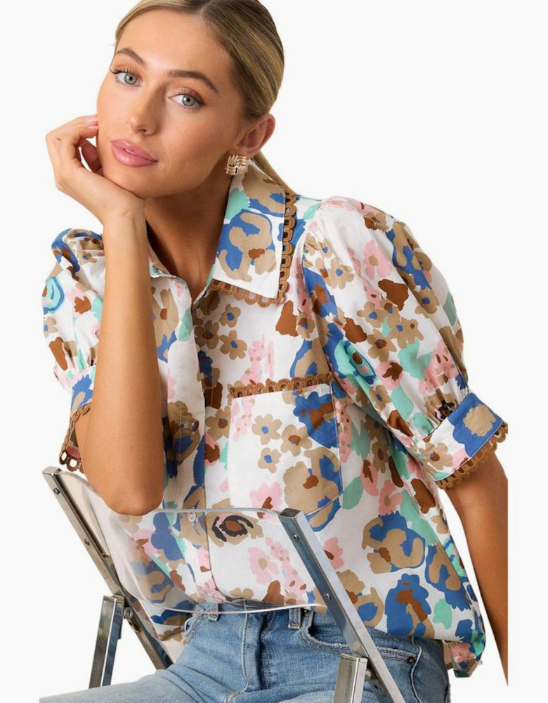 Multicolour Floral Print Ricrac Trim Collared Puff Short Sleeve Shirt