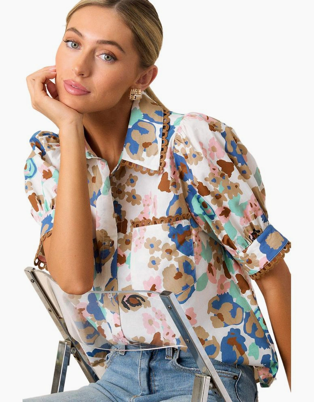 Multicolour Floral Print Ricrac Trim Collared Puff Short Sleeve Shirt