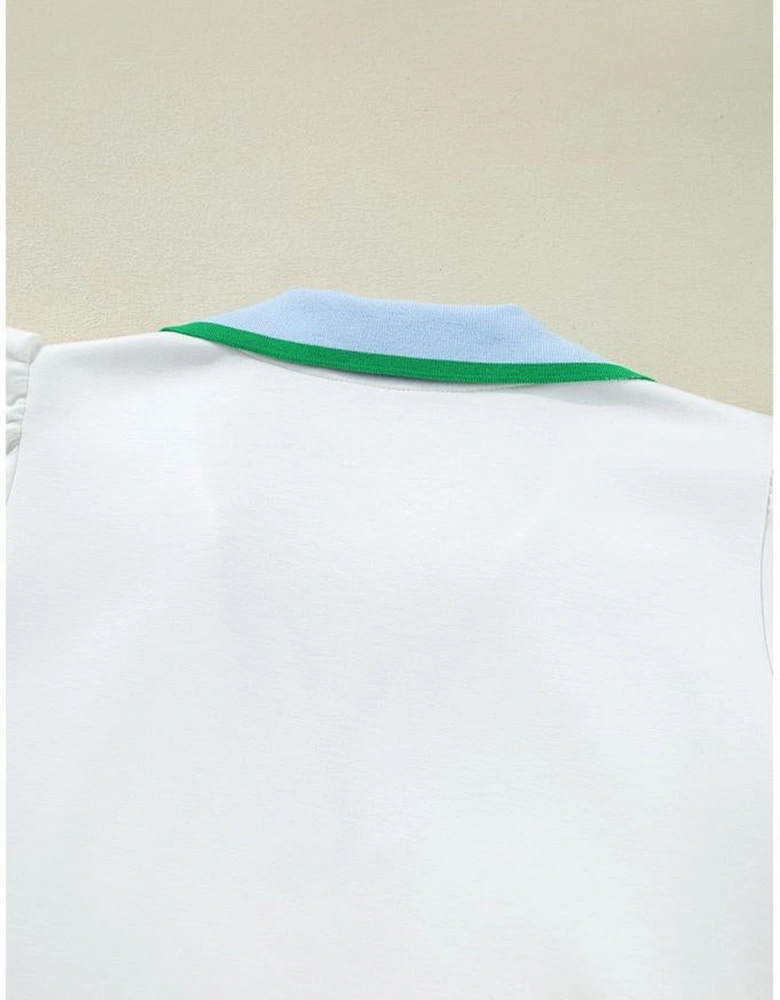 White Colorblock Edge Cap Sleeve Collared Top 2 Piece Skirt Set