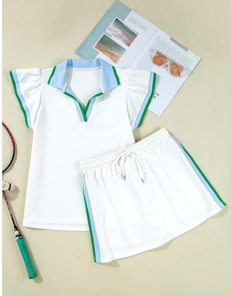 White Colorblock Edge Cap Sleeve Collared Top 2 Piece Skirt Set
