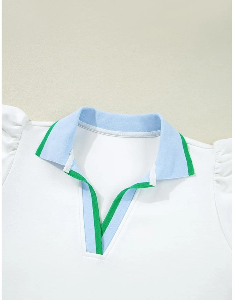 White Colorblock Edge Cap Sleeve Collared Top 2 Piece Skirt Set