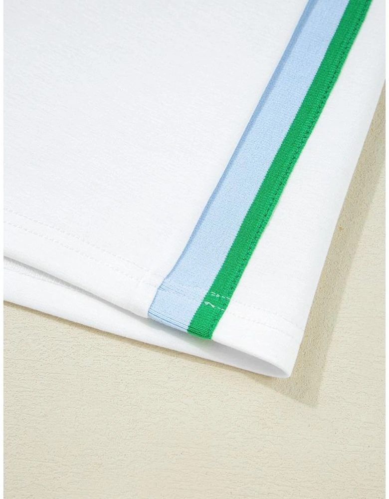 White Colorblock Edge Cap Sleeve Collared Top 2 Piece Skirt Set