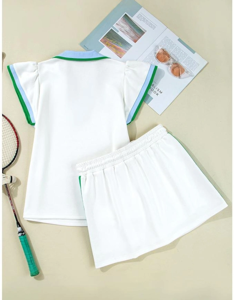 White Colorblock Edge Cap Sleeve Collared Top 2 Piece Skirt Set