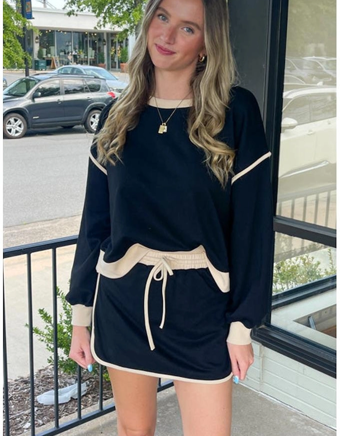 Black Color Contrast Loose Pullover and Lace-up Waist Skort Set, 11 of 10