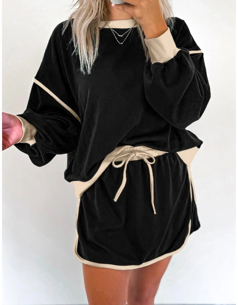 Black Color Contrast Loose Pullover and Lace-up Waist Skort Set
