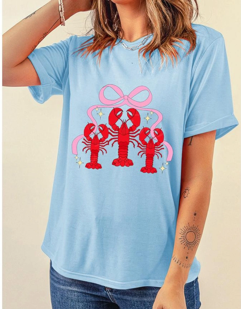 Light Blue Bow Crawfish Printed Relaxed Fit T Shirt