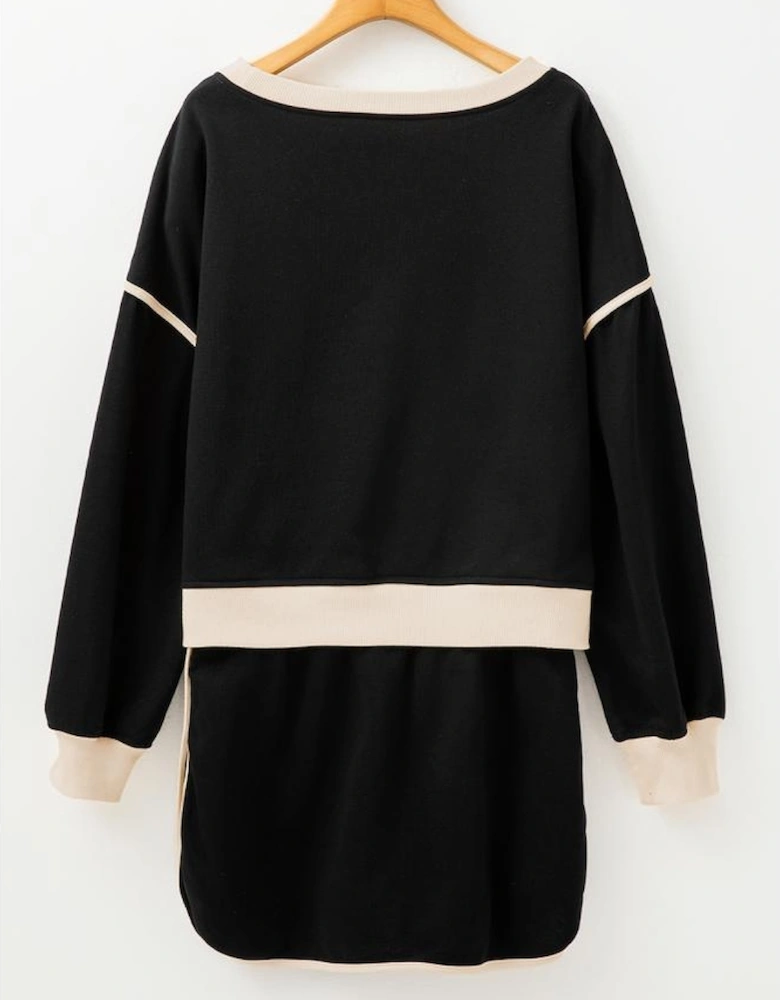 Black Color Contrast Loose Pullover and Lace-up Waist Skort Set