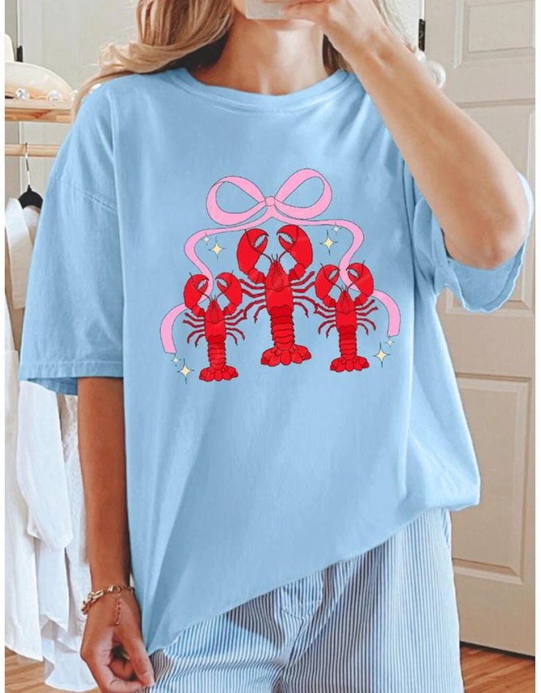 Light Blue Bow Crawfish Printed Relaxed Fit T Shirt