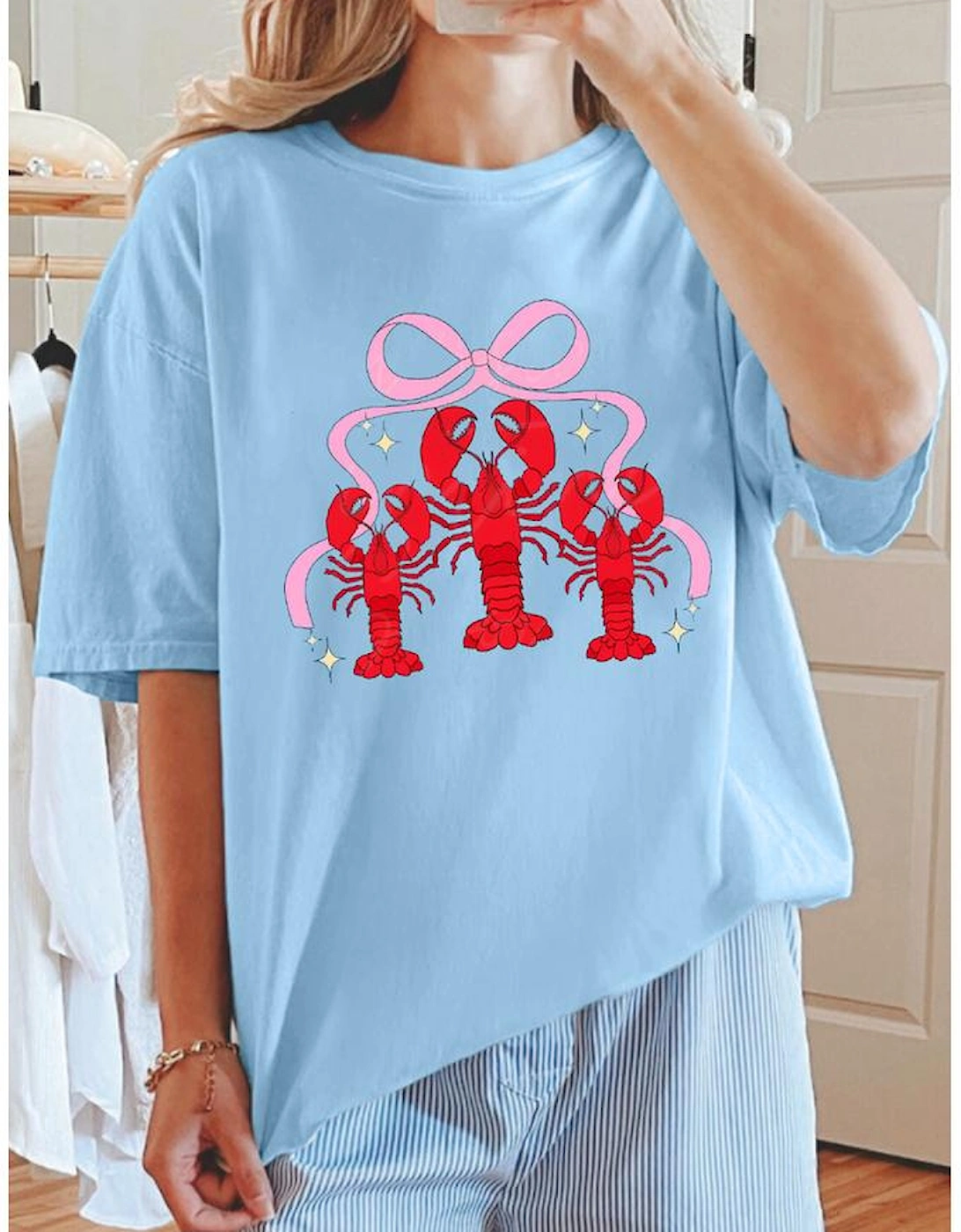 Light Blue Bow Crawfish Printed Relaxed Fit T Shirt