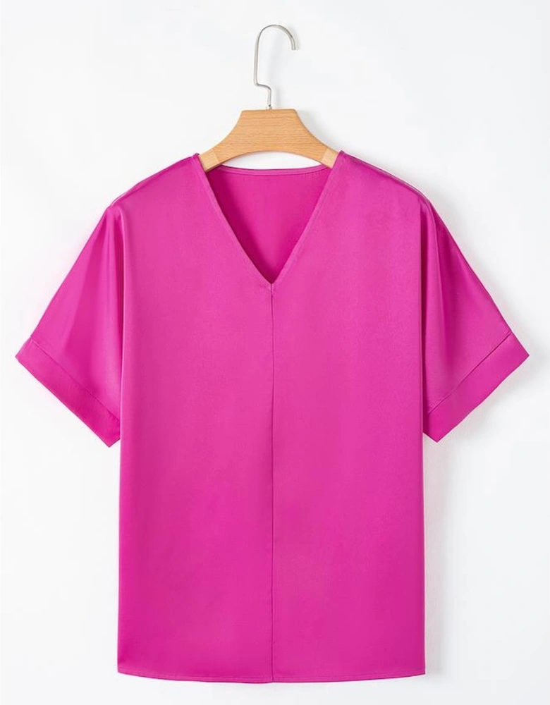 Bright Pink Silky V Neck Dolman Blouse