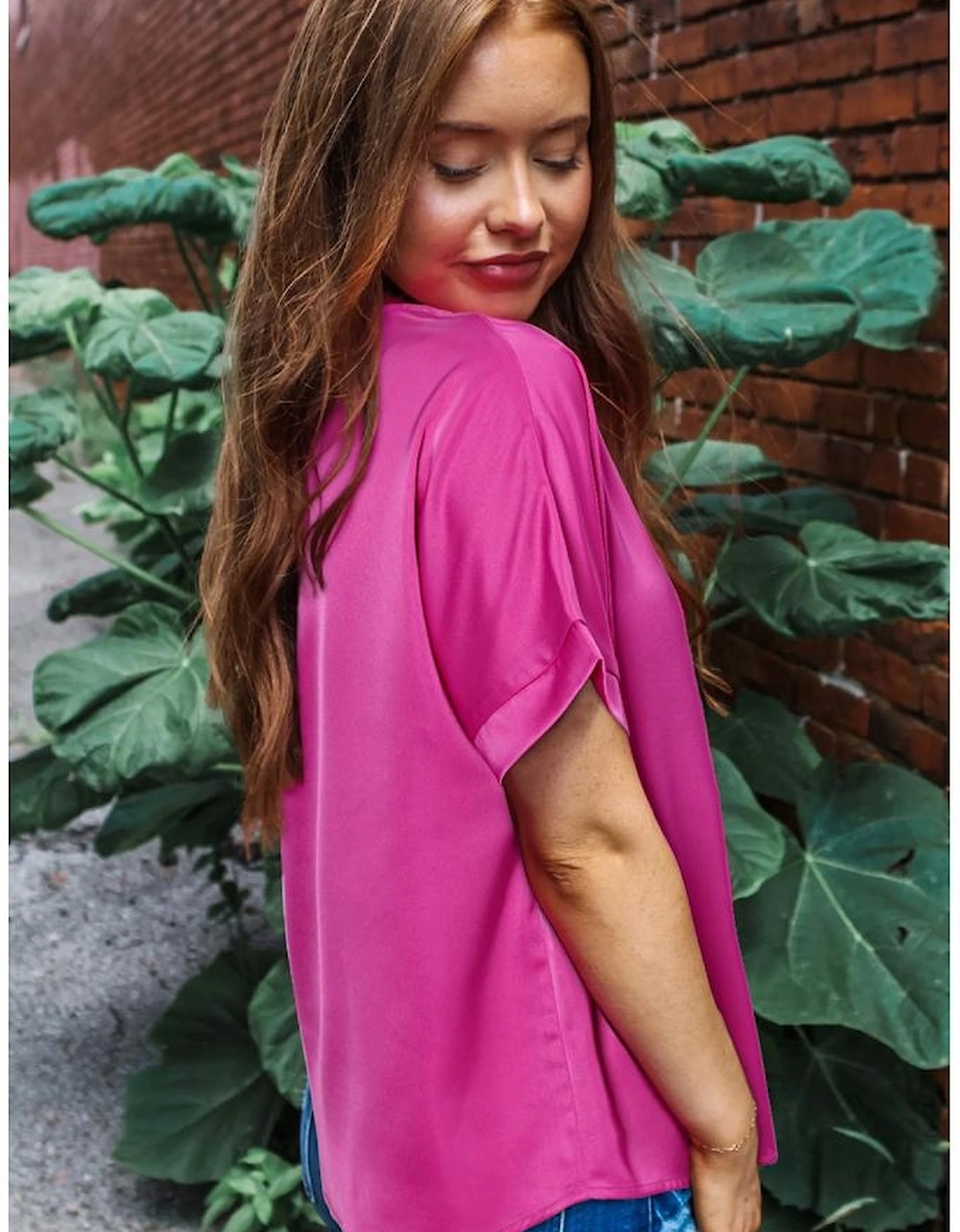 Bright Pink Silky V Neck Dolman Blouse, 10 of 9