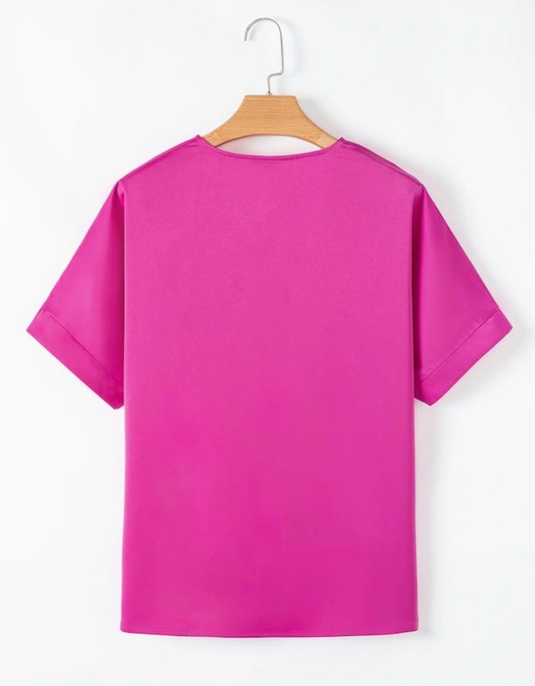 Bright Pink Silky V Neck Dolman Blouse