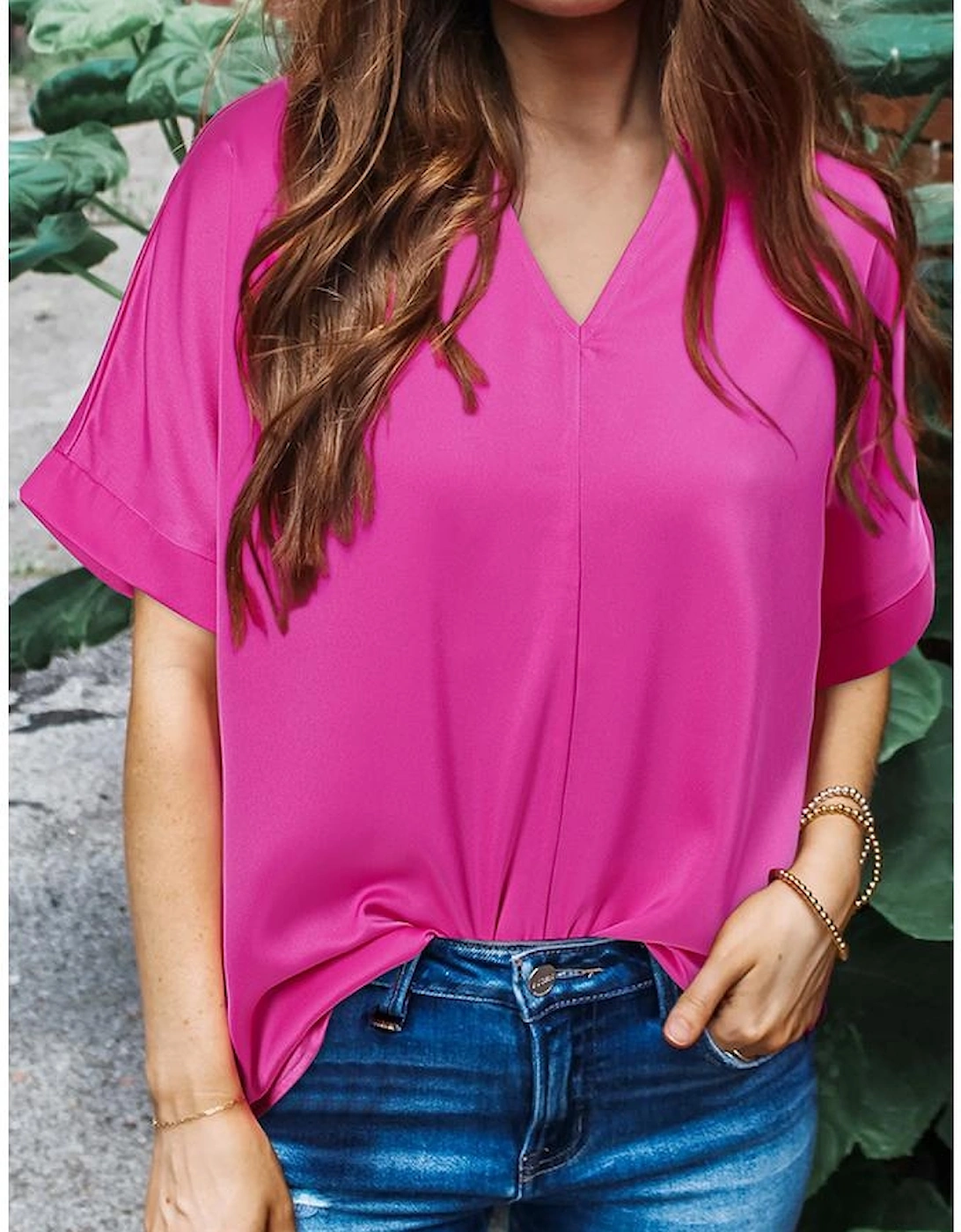 Bright Pink Silky V Neck Dolman Blouse
