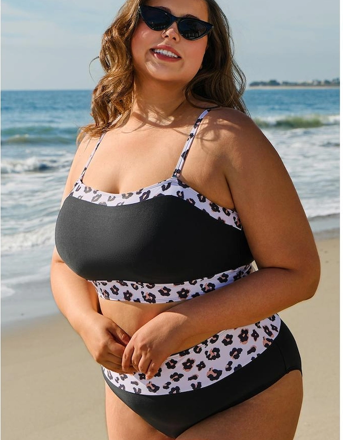 Black 2pcs Leopard Patchwork Plus Size High Waisted Swimsuit