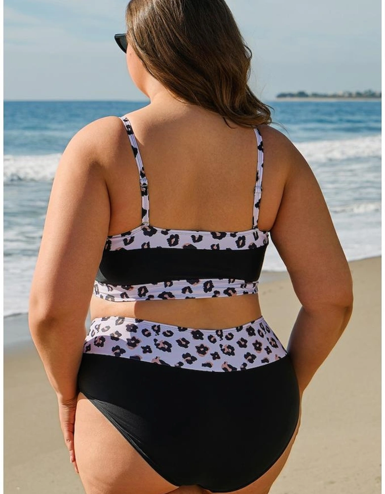 Black 2pcs Leopard Patchwork Plus Size High Waisted Swimsuit