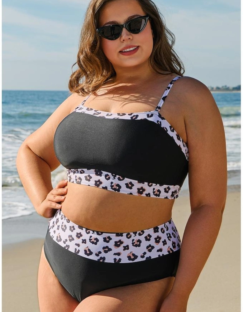 Black 2pcs Leopard Patchwork Plus Size High Waisted Swimsuit