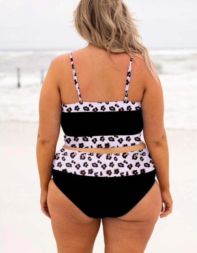 Black 2pcs Leopard Patchwork Plus Size High Waisted Swimsuit