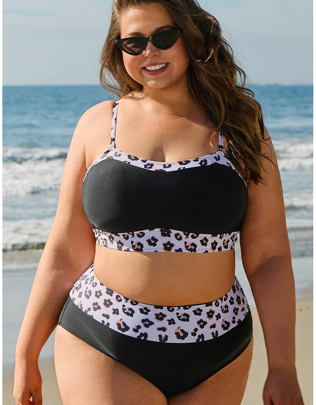 Black 2pcs Leopard Patchwork Plus Size High Waisted Swimsuit