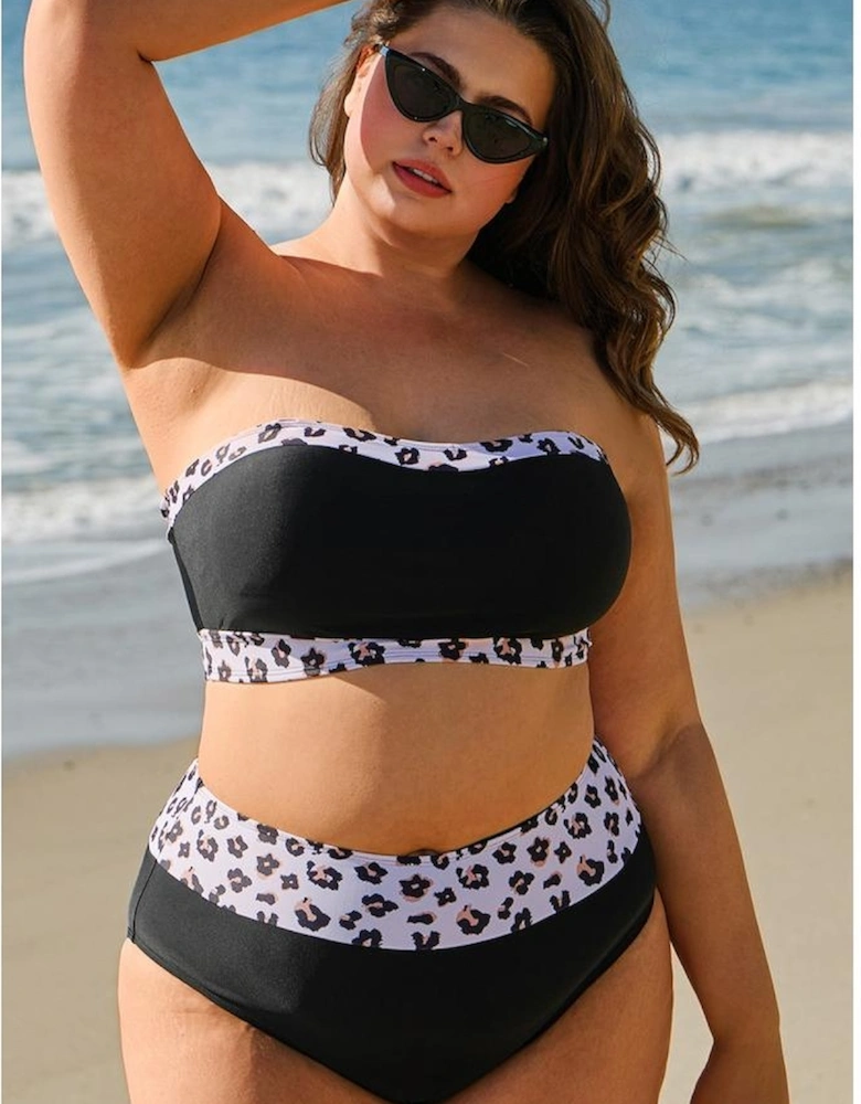 Black 2pcs Leopard Patchwork Plus Size High Waisted Swimsuit
