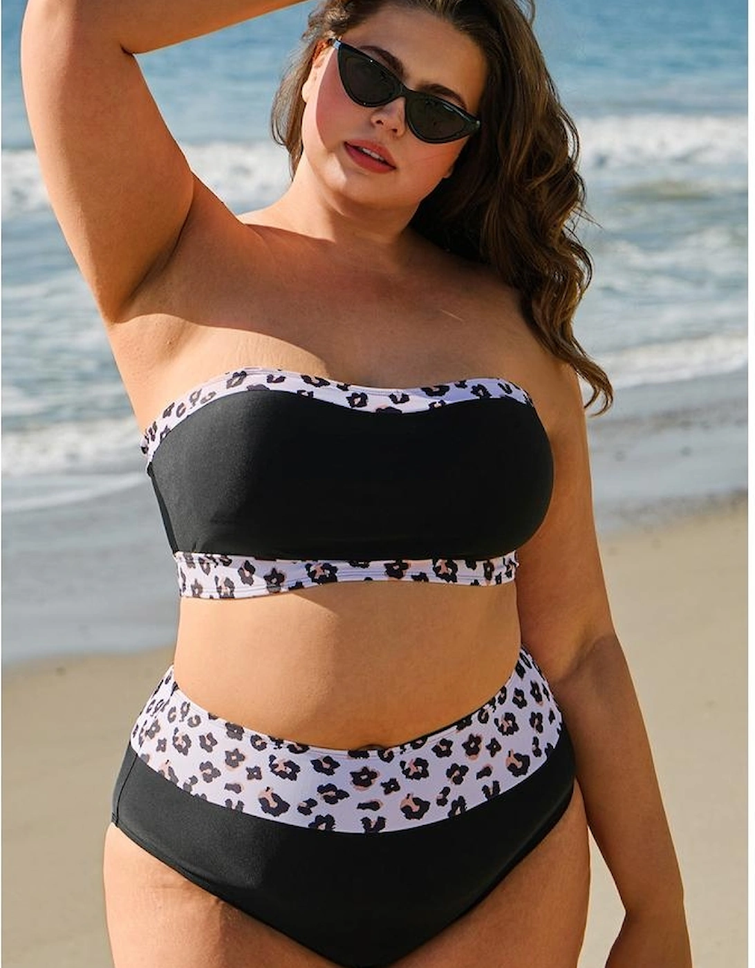 Black 2pcs Leopard Patchwork Plus Size High Waisted Swimsuit