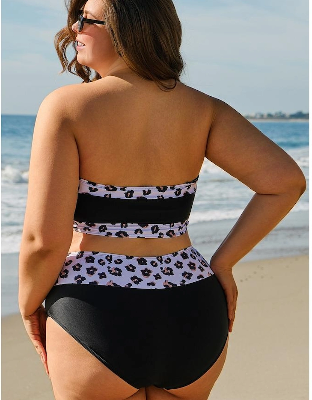 Black 2pcs Leopard Patchwork Plus Size High Waisted Swimsuit