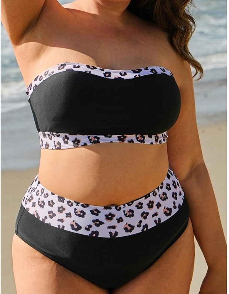 Black 2pcs Leopard Patchwork Plus Size High Waisted Swimsuit