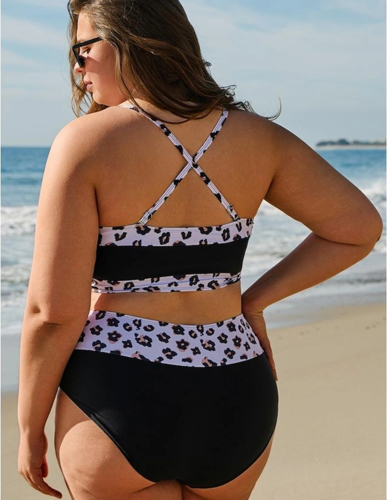 Black 2pcs Leopard Patchwork Plus Size High Waisted Swimsuit