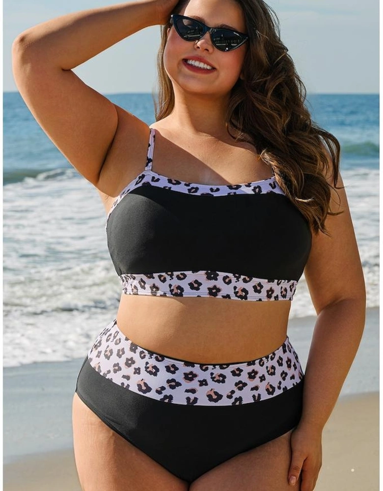 Black 2pcs Leopard Patchwork Plus Size High Waisted Swimsuit