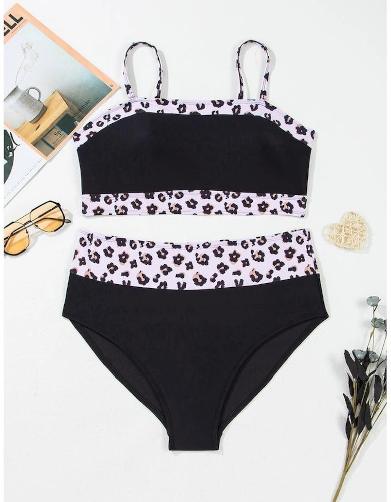 Black 2pcs Leopard Patchwork Plus Size High Waisted Swimsuit