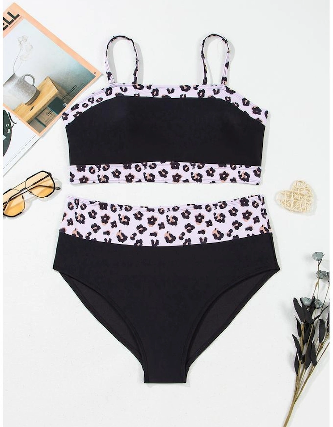 Black 2pcs Leopard Patchwork Plus Size High Waisted Swimsuit