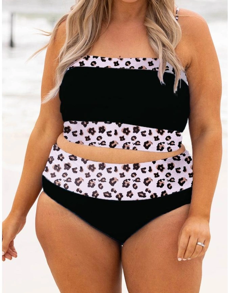 Black 2pcs Leopard Patchwork Plus Size High Waisted Swimsuit