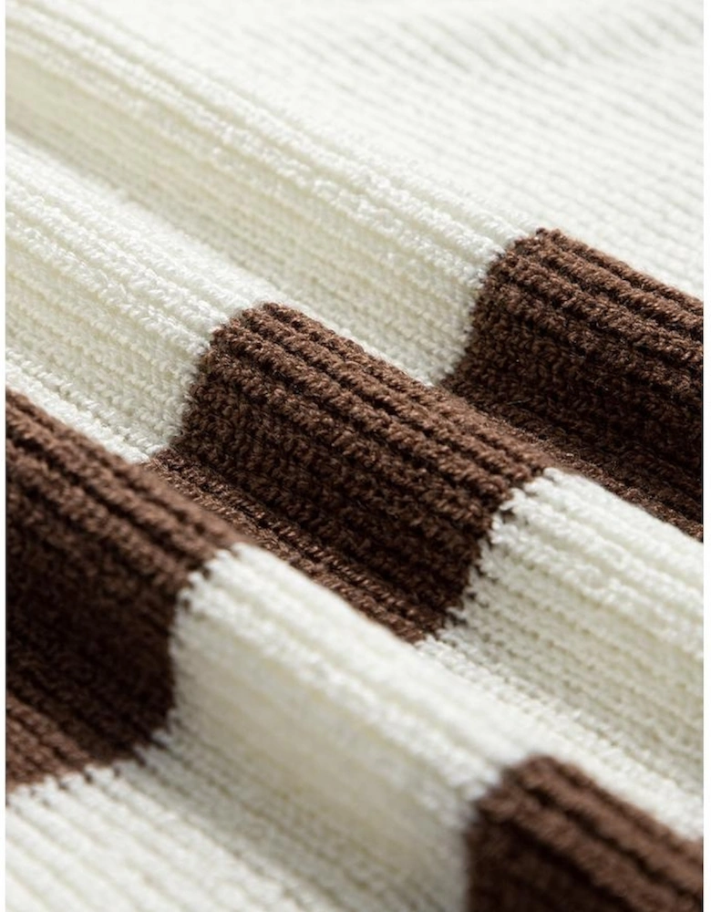 Brown Striped Accent Notched V Neck Cropped Sweater T Shirt